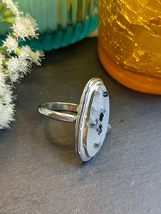 Moonstone +Brass Crescent Moon + Sterling Silver Ring - Size 10.25