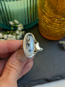 Moonstone +Brass Crescent Moon + Sterling Silver Ring - Size 10.25