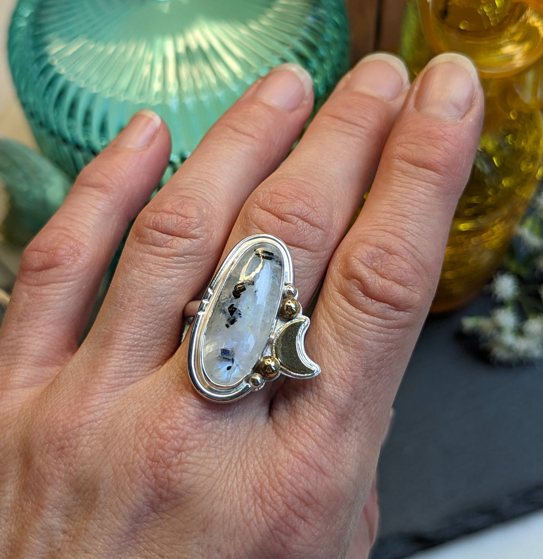 Moonstone +Brass Crescent Moon + Sterling Silver Ring - Size 10.25
