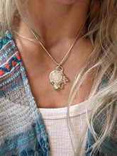 Load image into Gallery viewer, Moonstone + Pink and Aqua Tourmaline + Brass Crescent Moon + SS Necklace
